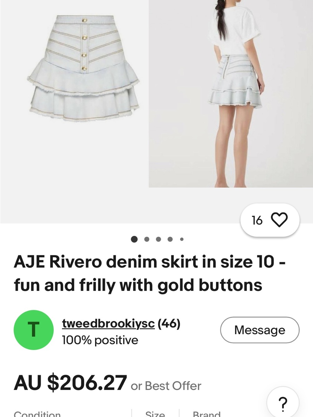 Aje White Denim Tiered Mini Skirt with Gold Buttons